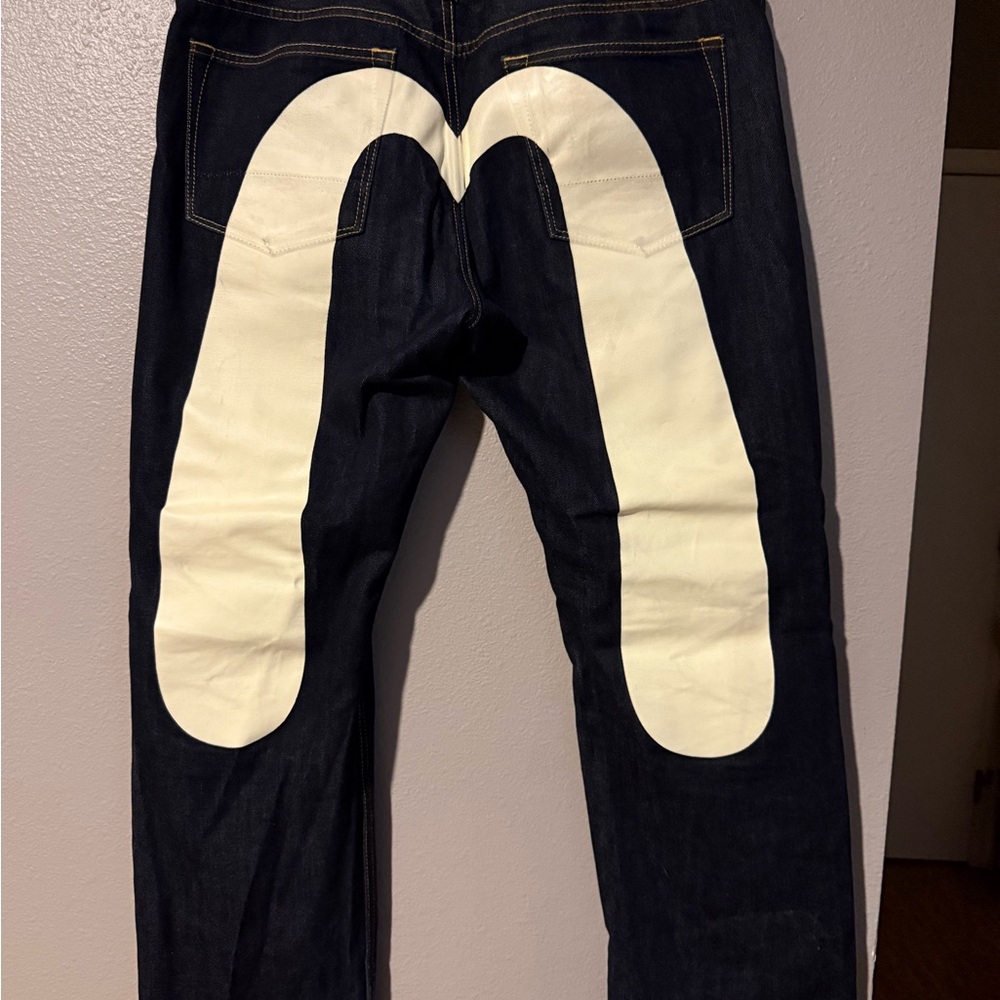 Evisu Dark Blue Japanese selvedge Denim Jeans with Bold White Daicock Design
